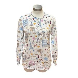 Talbots Womens Top Blouse Popover Playful Parisian Print Paris Cotton Sz. M